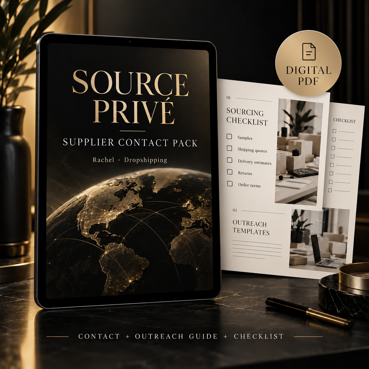 Source Privé digital supplier contact pack with Rachel introduction, outreach guide and sourcing checklist